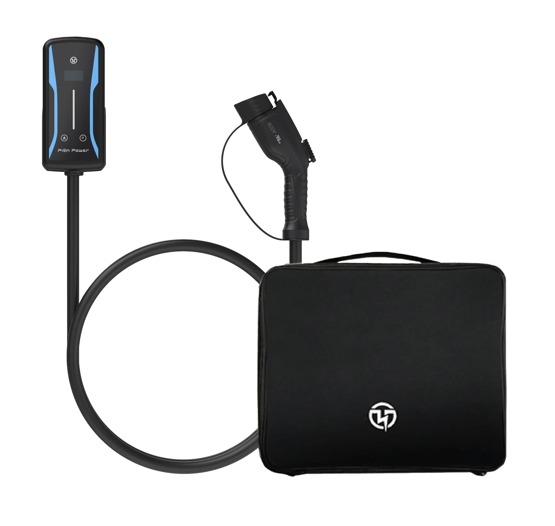 Pion Power Flex-AC LE Level 2 EV charger with J1772 connector and zippered organizer case for safe storage and portable charging