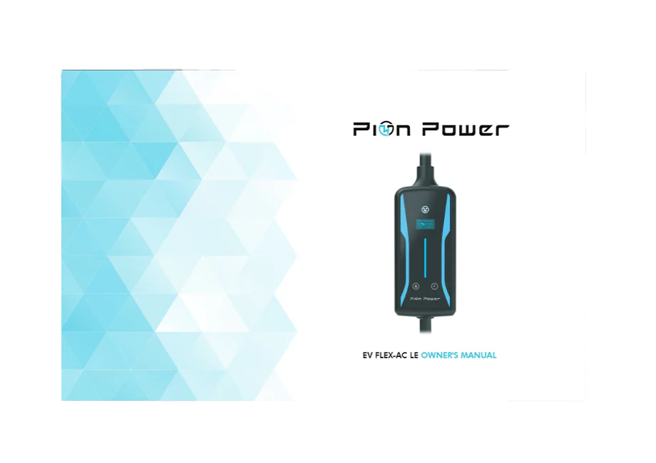 User manual for Pion Power Flex-AC LE EV charger with setup, safety instructions, and rebate eligibility guidance.