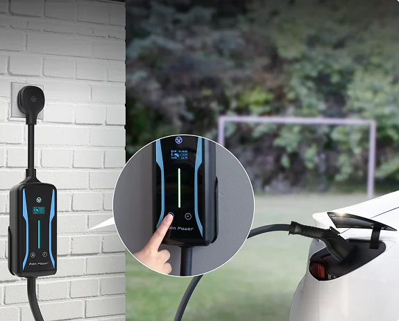 Pion Power Flex-AC LE EV charger with OLED screen and manual buttons, allowing control and scheduling without Wi-Fi or internet access.”