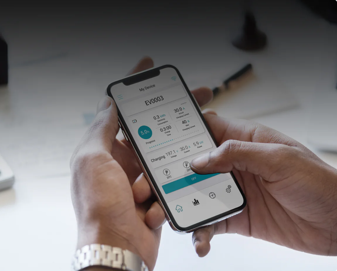 Smartphone showing Pion Power Flex-AC EV charger app, enabling remote monitoring and control without needing to walk to the garage.