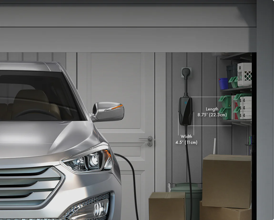Compact Pion Power Flex-AC wall-mounted EV charger in a garage, slim 4.5in × 8.75in design for space-saving installation.
