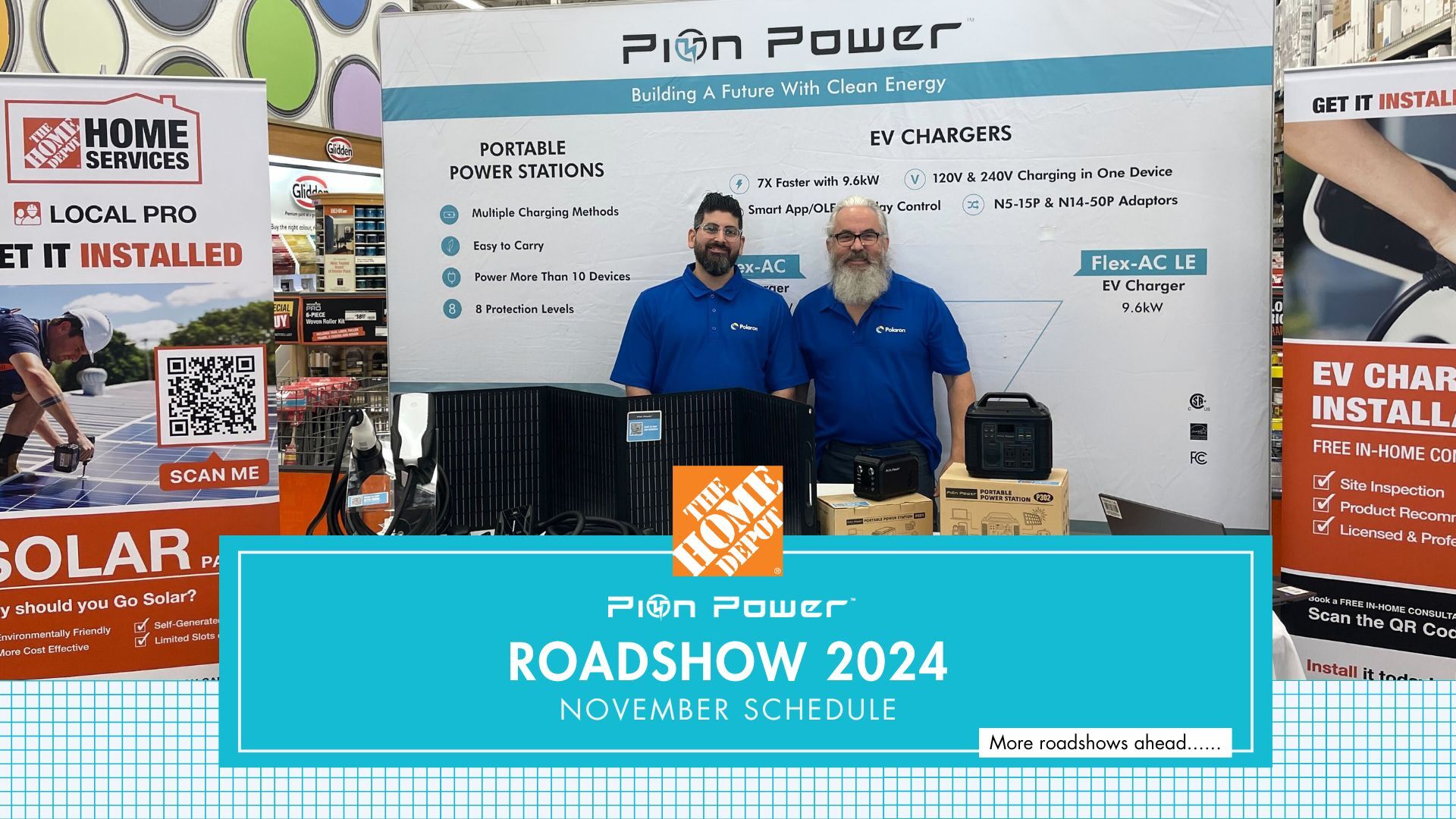 Two Pion Power representatives standing at a Home Depot booth showcasing portable power stations and EV chargers, with banners promoting clean energy solutions.