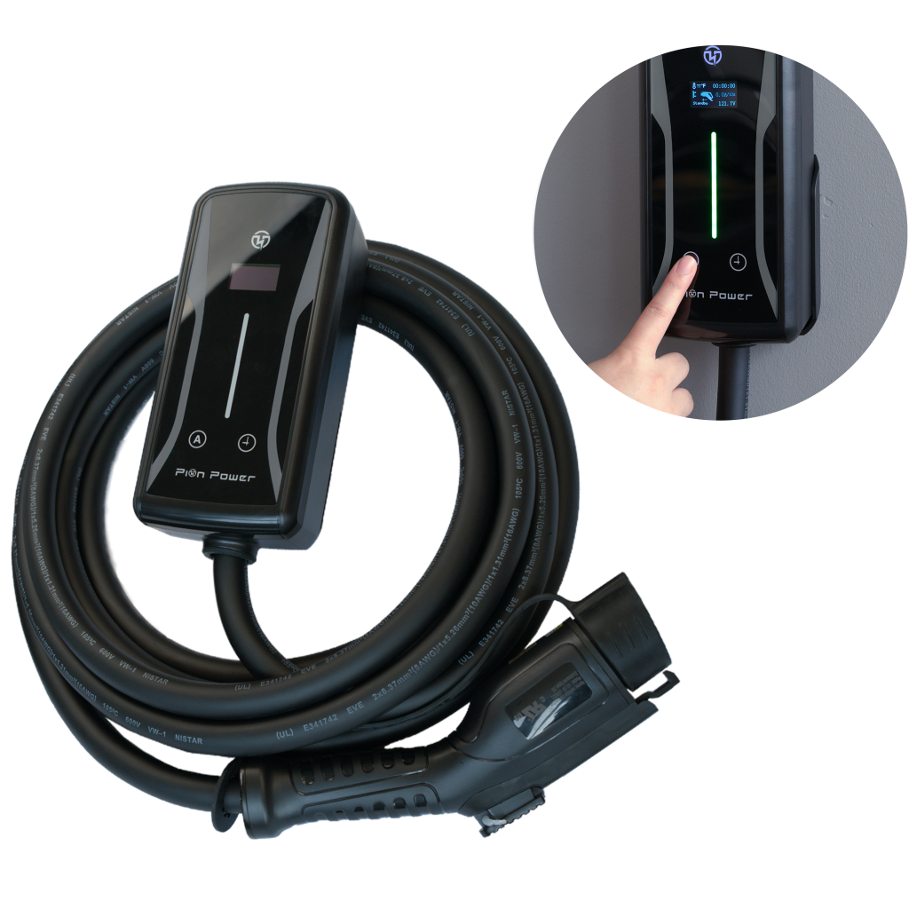 Flex-AC LE EV Charger: OLED display, touch control, up to 40A/9.6kW, 120V/240V adaptable. Durable NEMA 4/IP66, J1772 compatible, CSA & Energy Star certified.