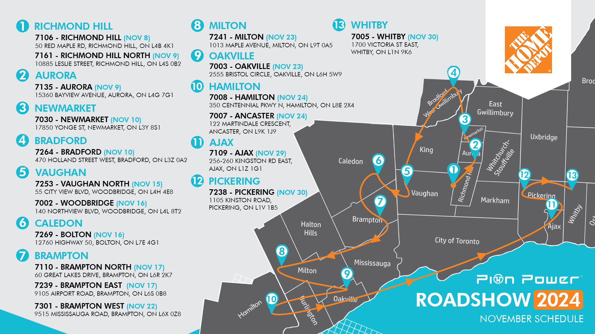 A map and list of scheduled Home Depot locations for Pion Power’s November 2024 roadshow across Ontario, Canada, with stops in cities like Richmond Hill, Aurora, and Hamilton.